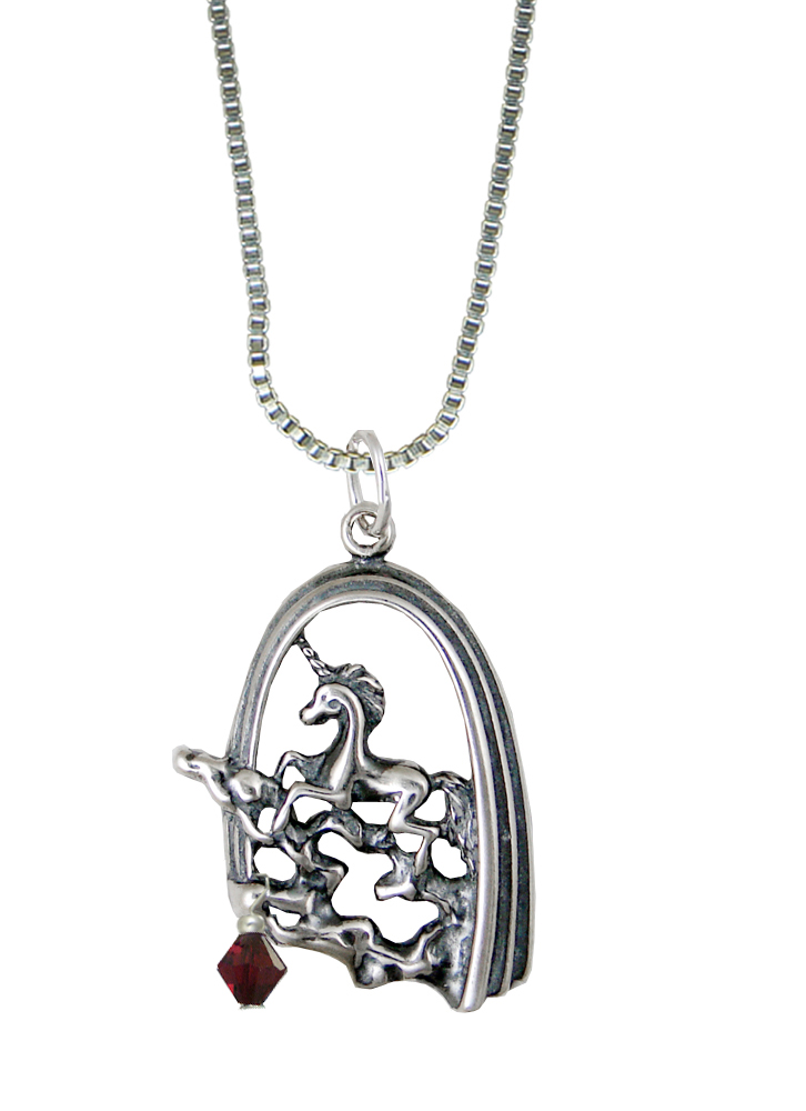 Sterling Silver Unicorn of Dreams Pendant With Red Crystal